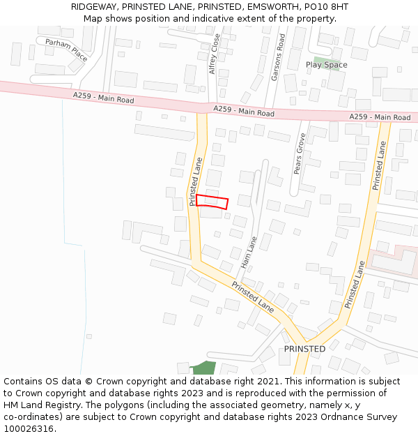 RIDGEWAY, PRINSTED LANE, PRINSTED, EMSWORTH, PO10 8HT: Location map and indicative extent of plot