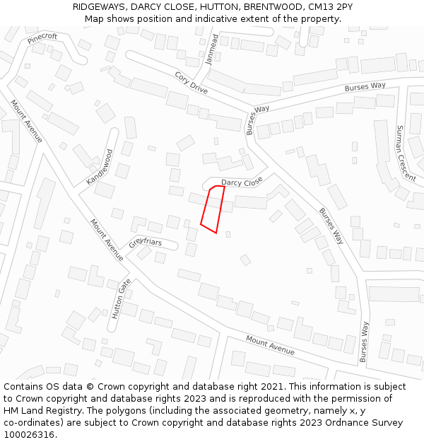 RIDGEWAYS, DARCY CLOSE, HUTTON, BRENTWOOD, CM13 2PY: Location map and indicative extent of plot