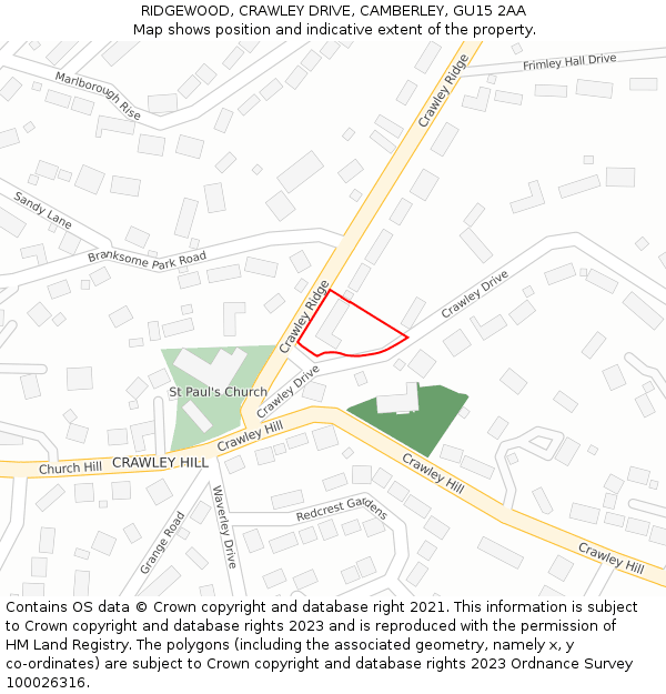 RIDGEWOOD, CRAWLEY DRIVE, CAMBERLEY, GU15 2AA: Location map and indicative extent of plot
