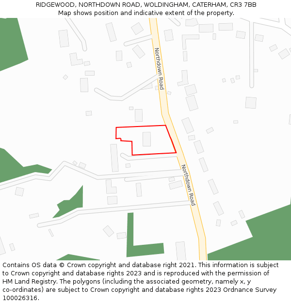 RIDGEWOOD, NORTHDOWN ROAD, WOLDINGHAM, CATERHAM, CR3 7BB: Location map and indicative extent of plot
