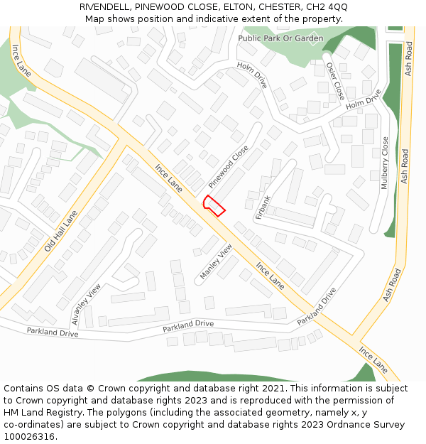 RIVENDELL, PINEWOOD CLOSE, ELTON, CHESTER, CH2 4QQ: Location map and indicative extent of plot