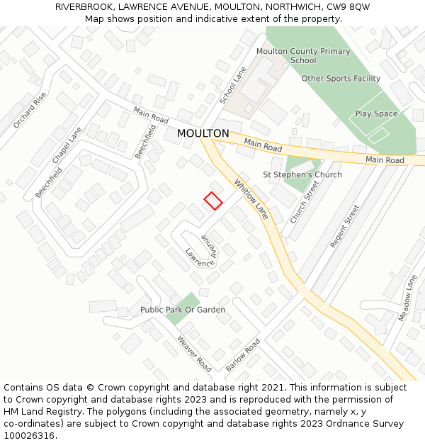 RIVERBROOK, LAWRENCE AVENUE, MOULTON, NORTHWICH, CW9 8QW: Location map and indicative extent of plot