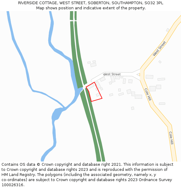 RIVERSIDE COTTAGE, WEST STREET, SOBERTON, SOUTHAMPTON, SO32 3PL: Location map and indicative extent of plot