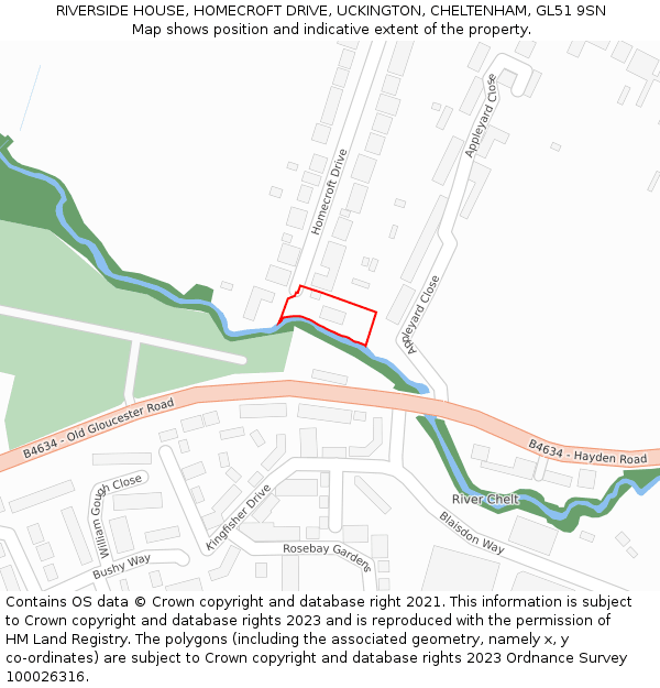 RIVERSIDE HOUSE, HOMECROFT DRIVE, UCKINGTON, CHELTENHAM, GL51 9SN: Location map and indicative extent of plot