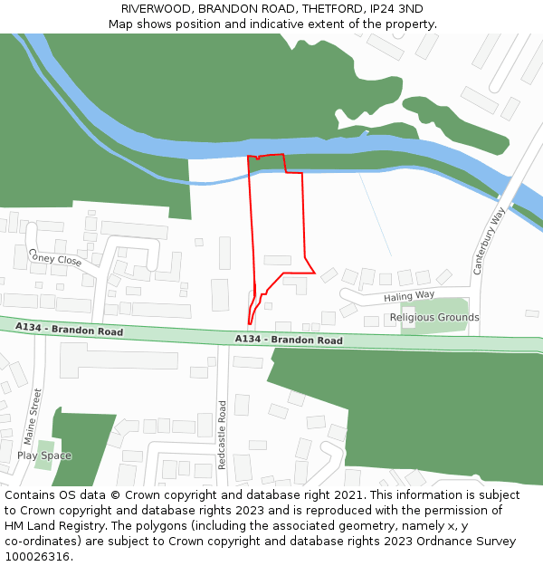 RIVERWOOD, BRANDON ROAD, THETFORD, IP24 3ND: Location map and indicative extent of plot