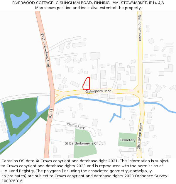 RIVERWOOD COTTAGE, GISLINGHAM ROAD, FINNINGHAM, STOWMARKET, IP14 4JA: Location map and indicative extent of plot