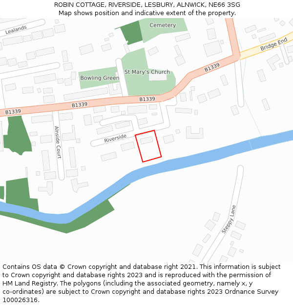 ROBIN COTTAGE, RIVERSIDE, LESBURY, ALNWICK, NE66 3SG: Location map and indicative extent of plot