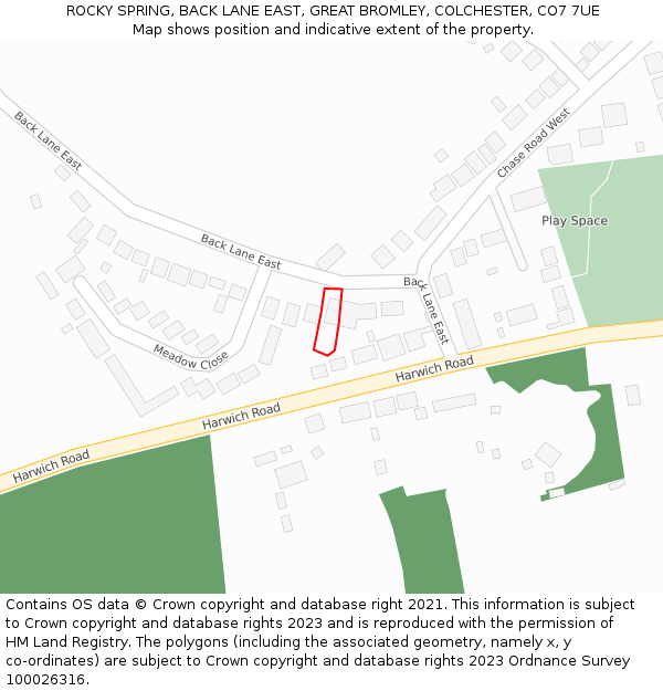 ROCKY SPRING, BACK LANE EAST, GREAT BROMLEY, COLCHESTER, CO7 7UE: Location map and indicative extent of plot