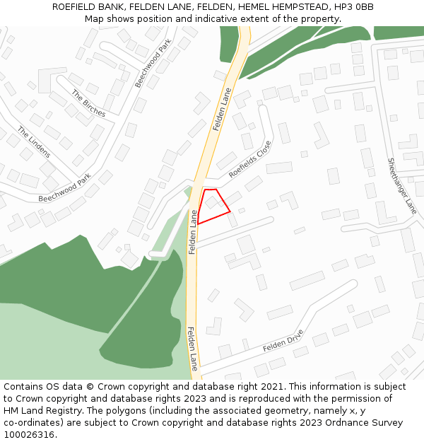 ROEFIELD BANK, FELDEN LANE, FELDEN, HEMEL HEMPSTEAD, HP3 0BB: Location map and indicative extent of plot