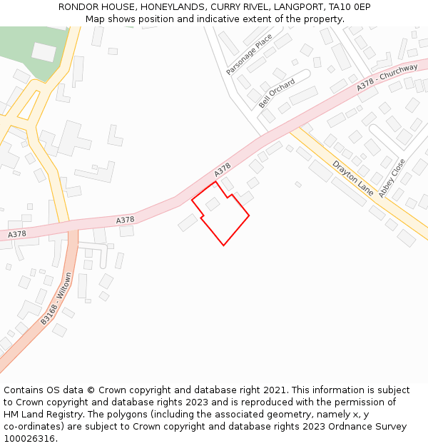 RONDOR HOUSE, HONEYLANDS, CURRY RIVEL, LANGPORT, TA10 0EP: Location map and indicative extent of plot