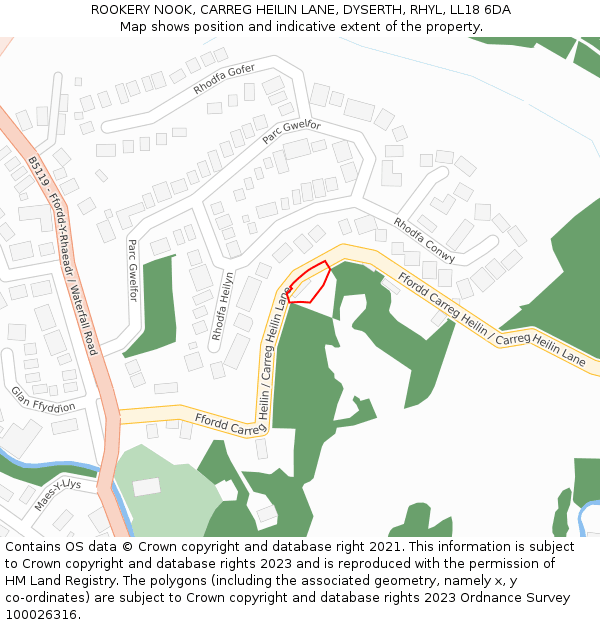 ROOKERY NOOK, CARREG HEILIN LANE, DYSERTH, RHYL, LL18 6DA: Location map and indicative extent of plot