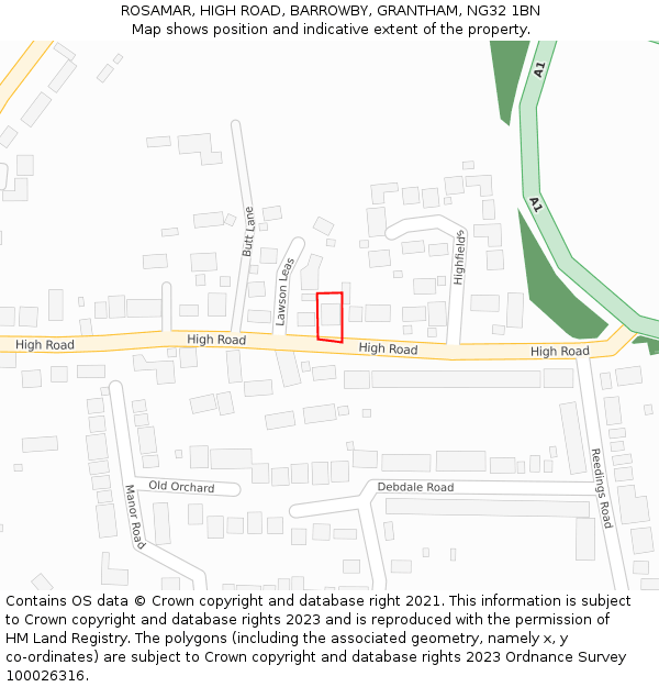 ROSAMAR, HIGH ROAD, BARROWBY, GRANTHAM, NG32 1BN: Location map and indicative extent of plot