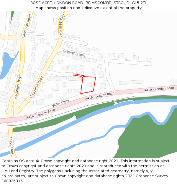 ROSE ACRE, LONDON ROAD, BRIMSCOMBE, STROUD, GL5 2TL: Location map and indicative extent of plot