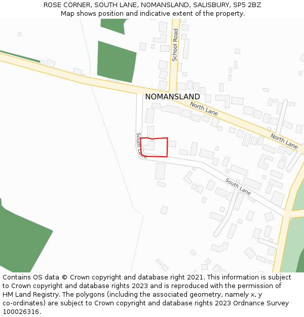 ROSE CORNER, SOUTH LANE, NOMANSLAND, SALISBURY, SP5 2BZ: Location map and indicative extent of plot