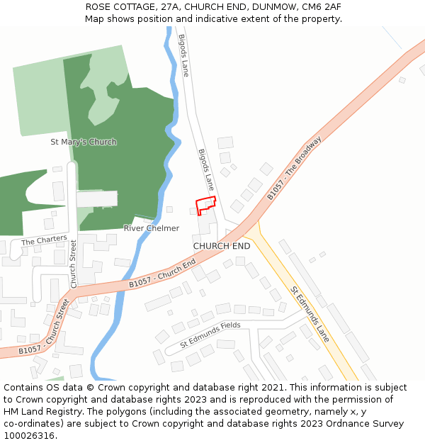 ROSE COTTAGE, 27A, CHURCH END, DUNMOW, CM6 2AF: Location map and indicative extent of plot