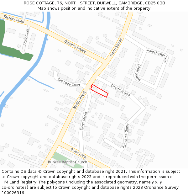 ROSE COTTAGE, 76, NORTH STREET, BURWELL, CAMBRIDGE, CB25 0BB: Location map and indicative extent of plot