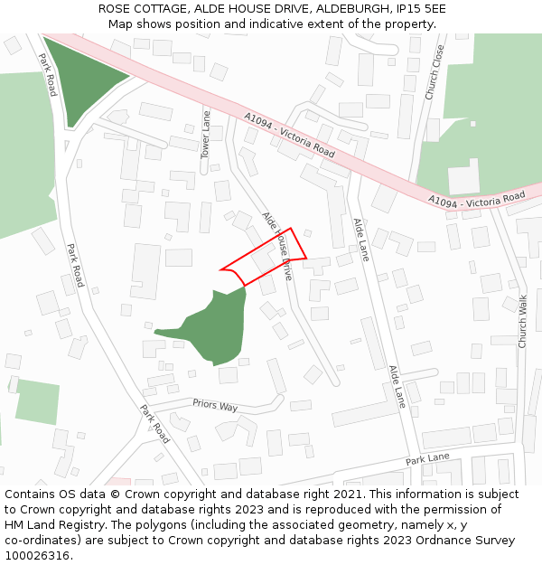 ROSE COTTAGE, ALDE HOUSE DRIVE, ALDEBURGH, IP15 5EE: Location map and indicative extent of plot