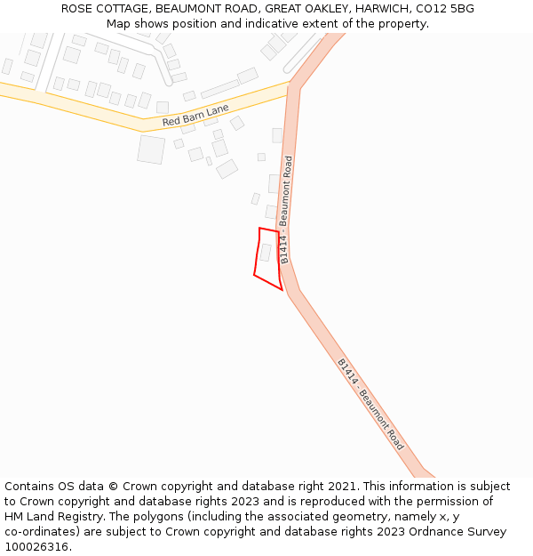 ROSE COTTAGE, BEAUMONT ROAD, GREAT OAKLEY, HARWICH, CO12 5BG: Location map and indicative extent of plot