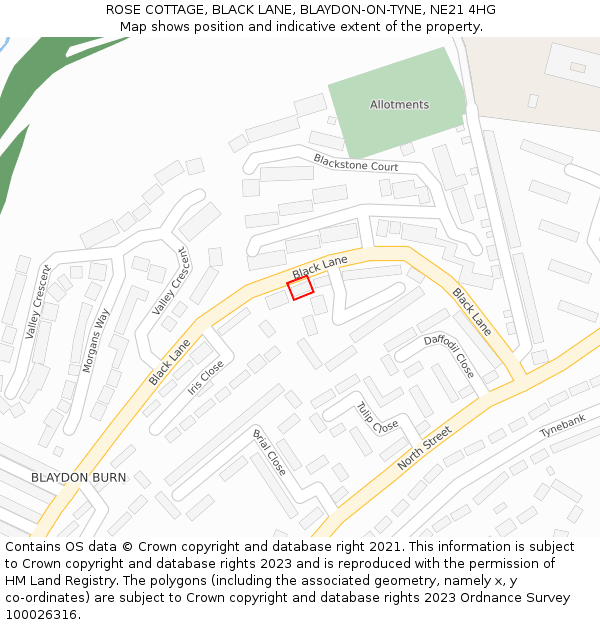 ROSE COTTAGE, BLACK LANE, BLAYDON-ON-TYNE, NE21 4HG: Location map and indicative extent of plot