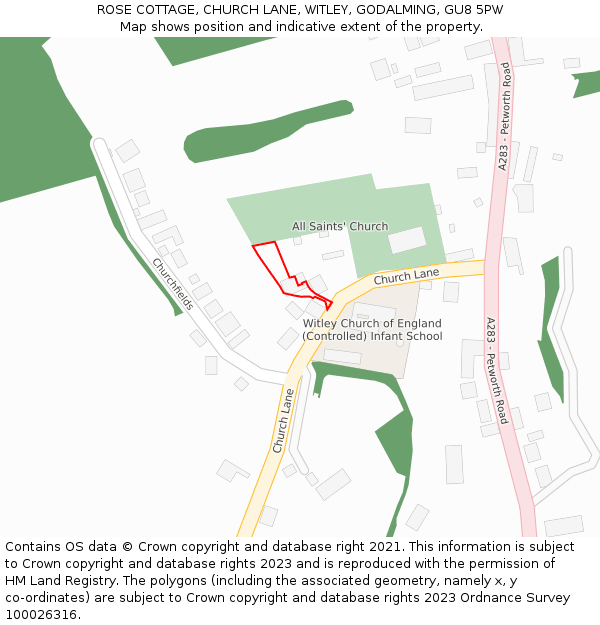 ROSE COTTAGE, CHURCH LANE, WITLEY, GODALMING, GU8 5PW: Location map and indicative extent of plot