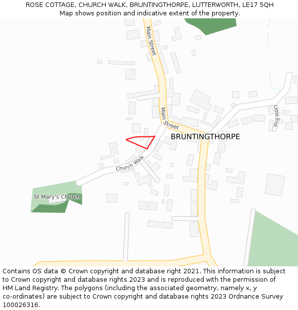 ROSE COTTAGE, CHURCH WALK, BRUNTINGTHORPE, LUTTERWORTH, LE17 5QH: Location map and indicative extent of plot