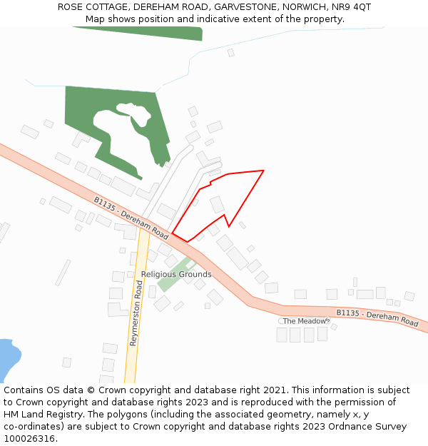 ROSE COTTAGE, DEREHAM ROAD, GARVESTONE, NORWICH, NR9 4QT: Location map and indicative extent of plot