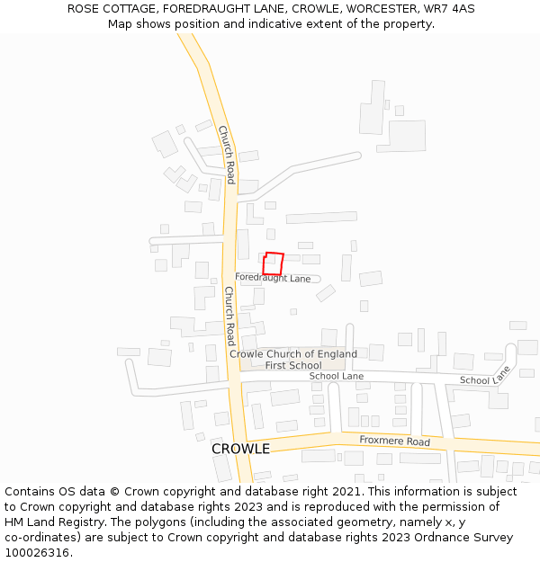 ROSE COTTAGE, FOREDRAUGHT LANE, CROWLE, WORCESTER, WR7 4AS: Location map and indicative extent of plot