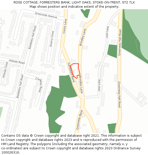 ROSE COTTAGE, FORRESTERS BANK, LIGHT OAKS, STOKE-ON-TRENT, ST2 7LX: Location map and indicative extent of plot