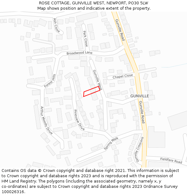 ROSE COTTAGE, GUNVILLE WEST, NEWPORT, PO30 5LW: Location map and indicative extent of plot