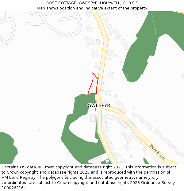 ROSE COTTAGE, GWESPYR, HOLYWELL, CH8 9JS: Location map and indicative extent of plot