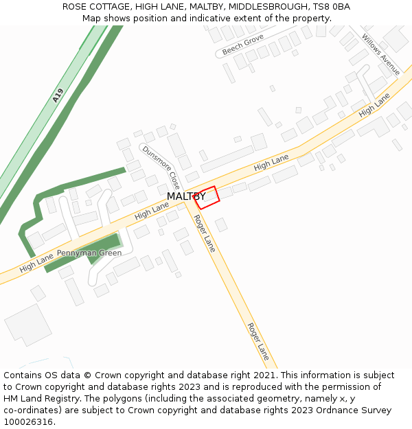 ROSE COTTAGE, HIGH LANE, MALTBY, MIDDLESBROUGH, TS8 0BA: Location map and indicative extent of plot