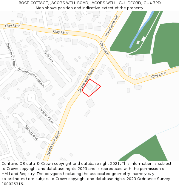 ROSE COTTAGE, JACOBS WELL ROAD, JACOBS WELL, GUILDFORD, GU4 7PD: Location map and indicative extent of plot