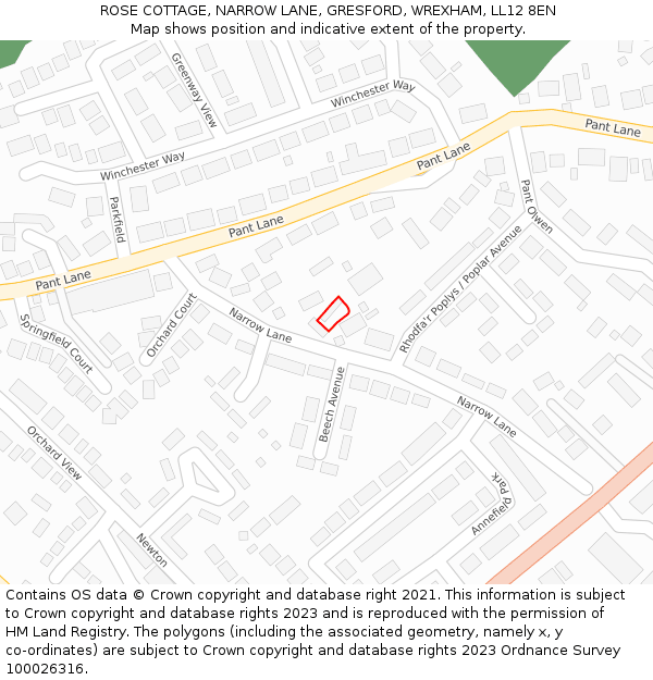 ROSE COTTAGE, NARROW LANE, GRESFORD, WREXHAM, LL12 8EN: Location map and indicative extent of plot