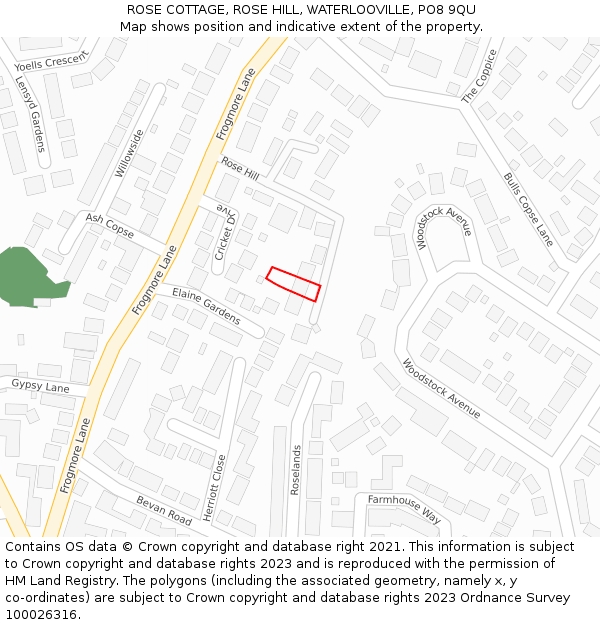 ROSE COTTAGE, ROSE HILL, WATERLOOVILLE, PO8 9QU: Location map and indicative extent of plot