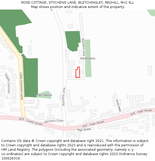 ROSE COTTAGE, STYCHENS LANE, BLETCHINGLEY, REDHILL, RH1 4LL: Location map and indicative extent of plot