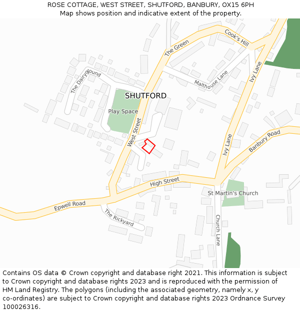 ROSE COTTAGE, WEST STREET, SHUTFORD, BANBURY, OX15 6PH: Location map and indicative extent of plot