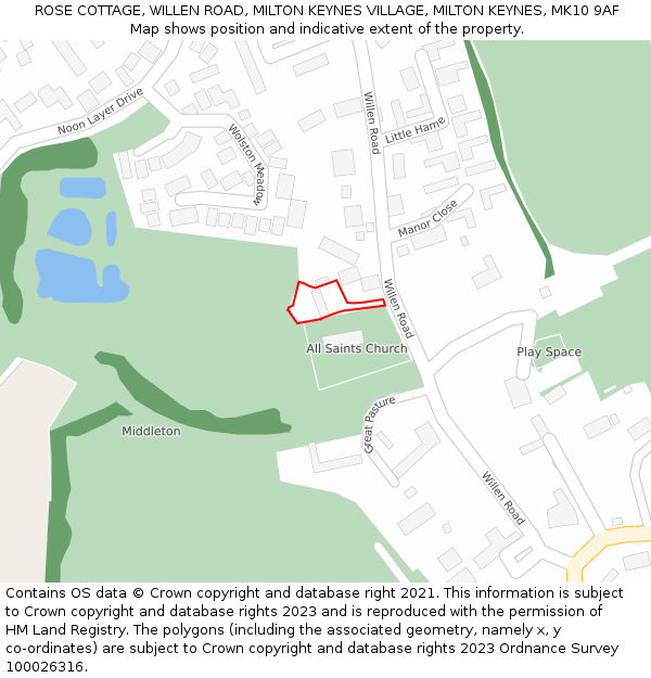 ROSE COTTAGE, WILLEN ROAD, MILTON KEYNES VILLAGE, MILTON KEYNES, MK10 9AF: Location map and indicative extent of plot