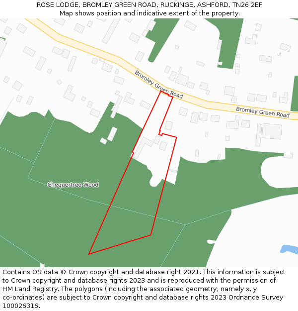 ROSE LODGE, BROMLEY GREEN ROAD, RUCKINGE, ASHFORD, TN26 2EF: Location map and indicative extent of plot