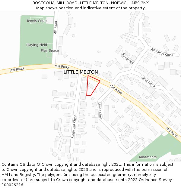 ROSECOLM, MILL ROAD, LITTLE MELTON, NORWICH, NR9 3NX: Location map and indicative extent of plot