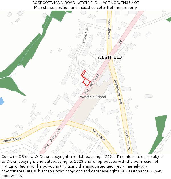 ROSECOTT, MAIN ROAD, WESTFIELD, HASTINGS, TN35 4QE: Location map and indicative extent of plot