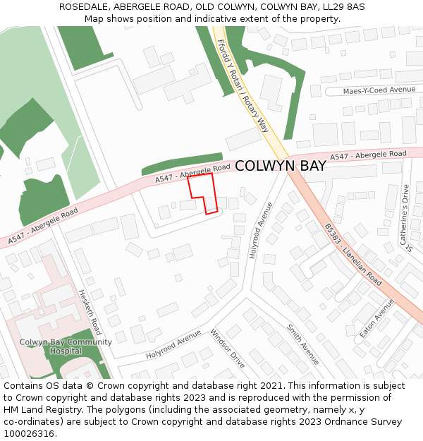 ROSEDALE, ABERGELE ROAD, OLD COLWYN, COLWYN BAY, LL29 8AS: Location map and indicative extent of plot