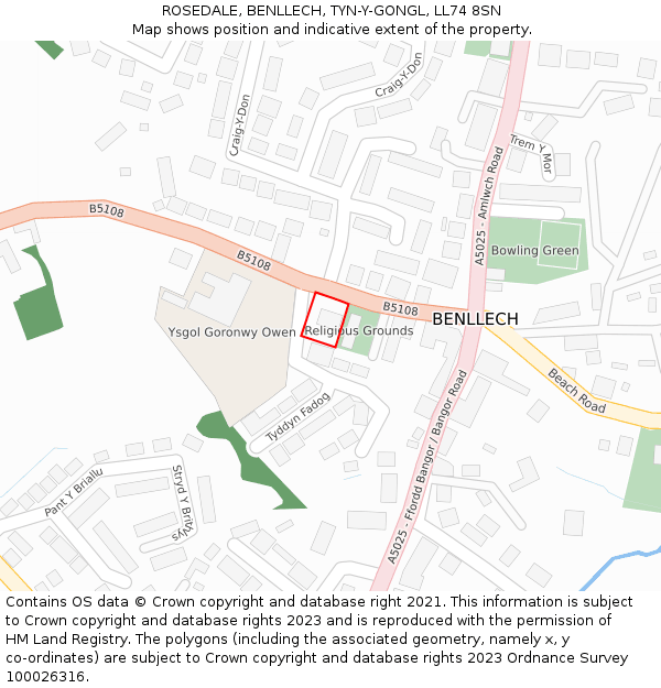 ROSEDALE, BENLLECH, TYN-Y-GONGL, LL74 8SN: Location map and indicative extent of plot