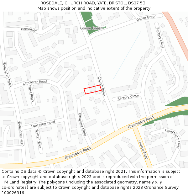 ROSEDALE, CHURCH ROAD, YATE, BRISTOL, BS37 5BH: Location map and indicative extent of plot