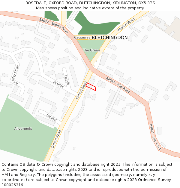 ROSEDALE, OXFORD ROAD, BLETCHINGDON, KIDLINGTON, OX5 3BS: Location map and indicative extent of plot