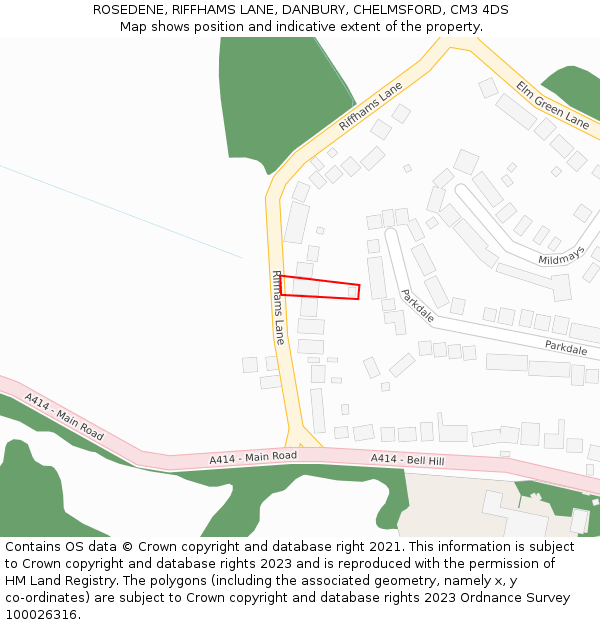 ROSEDENE, RIFFHAMS LANE, DANBURY, CHELMSFORD, CM3 4DS: Location map and indicative extent of plot