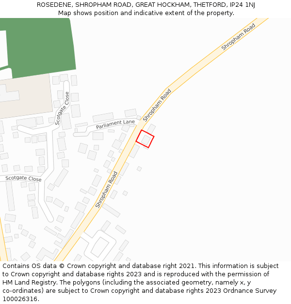 ROSEDENE, SHROPHAM ROAD, GREAT HOCKHAM, THETFORD, IP24 1NJ: Location map and indicative extent of plot