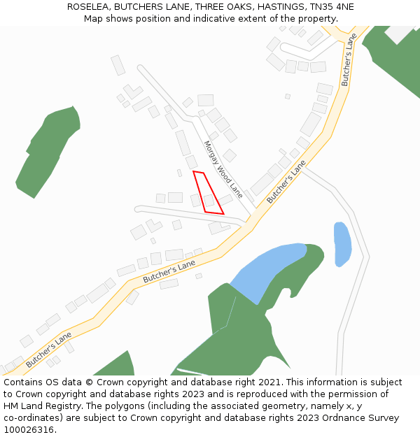 ROSELEA, BUTCHERS LANE, THREE OAKS, HASTINGS, TN35 4NE: Location map and indicative extent of plot