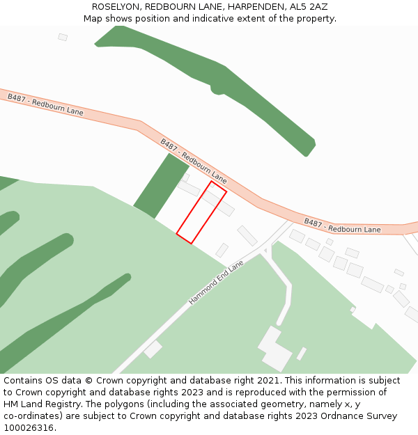 ROSELYON, REDBOURN LANE, HARPENDEN, AL5 2AZ: Location map and indicative extent of plot