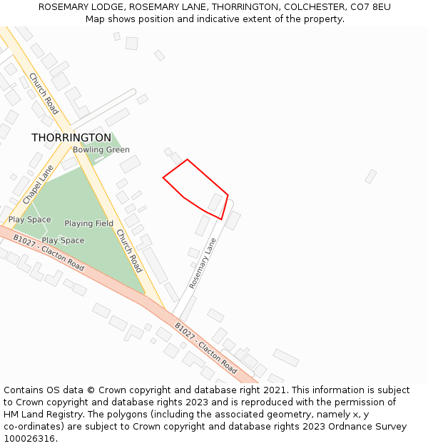 ROSEMARY LODGE, ROSEMARY LANE, THORRINGTON, COLCHESTER, CO7 8EU: Location map and indicative extent of plot