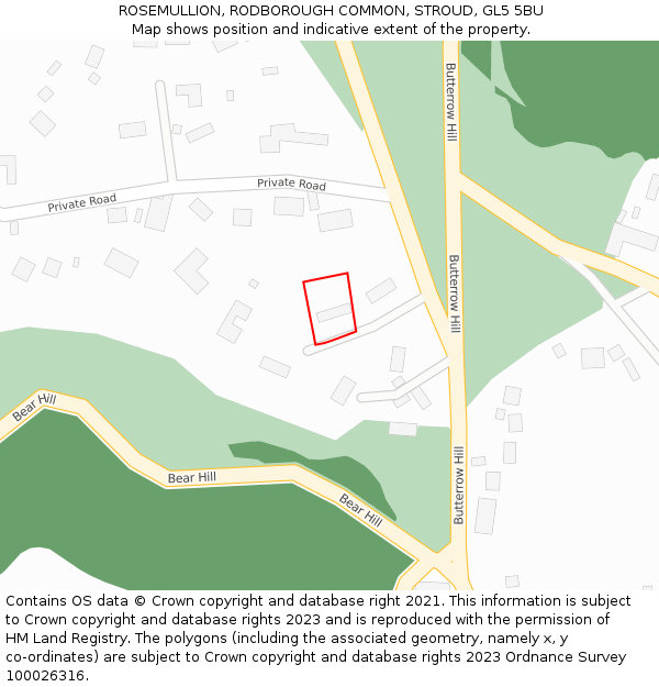 ROSEMULLION, RODBOROUGH COMMON, STROUD, GL5 5BU: Location map and indicative extent of plot